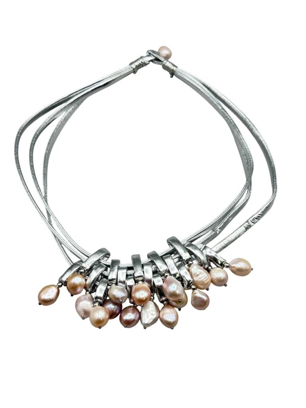 Handcrafted Statement Necklace Genuine Pearls Silver Faux Leather Cord Bib Clust